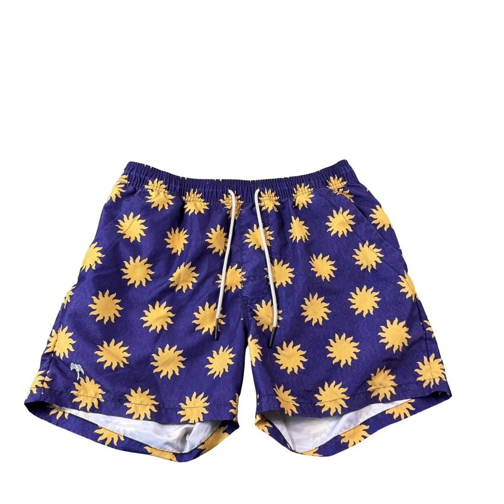 OAS Purple Yellow Sun AOP Mens Polyester Swimshort Cut Liner Size Medium